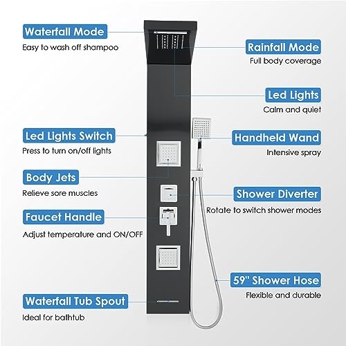 Image of ROVOGO Shower Panel Tower System with Led Lights - Battery Powered, 46.5 inch