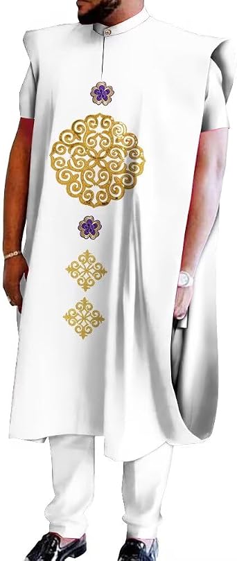 African Clothing for Men Dashiki Agbada Robe Suits Short Sleeve African Outfits Coats Shirts and Pants 3 Piece Set