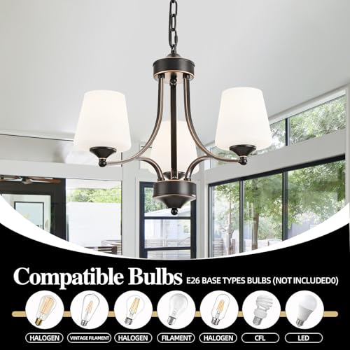 Image of 3 Light Farmhouse Chandelier with Milk White Frosted Glass Shades Black Dining Room Light Adjustable Height Ceiling Hanging Light Fixtures for Dinner Table, Kitchen Island, Entryway