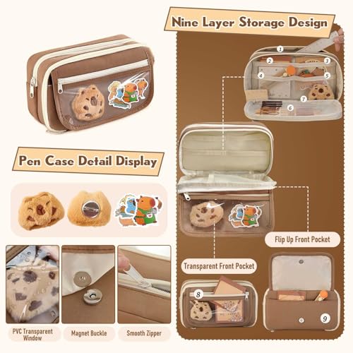 Cute Capybara Backpack for Kids,Cartoon Backpacks Casual Flap Schoolbag Daypacks with Pencil Case and Accessories for Traveling School Camping,Brown 44