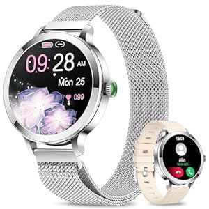 niolina Montre Connectée Femme, 1.106″ AMOLED Smartwatch avec Appel Bluetooth, 120+ Modes Sport, 24H Fréquence Cardiaque/Tension Artérielle/Sommeil Moniteur Montre Connecté pour Android iOS, Argent