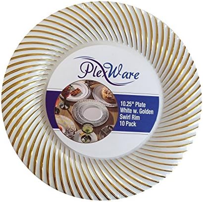 PlexWare 10.25" Swirl Design Golden Rim Premium Quality Heavyweight Plastic Plate 10 Pack