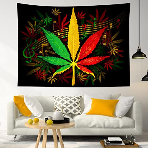 Hvest Weed Music Tapestry, Trippy Green Red Yellow Marijuana With Music Note On Black Background Tapestry Wall Hanging, Colorful Leaf Wall Tapestry Blanket For Bedroom Living Room Dorm, 60×40 Inches #TOP3