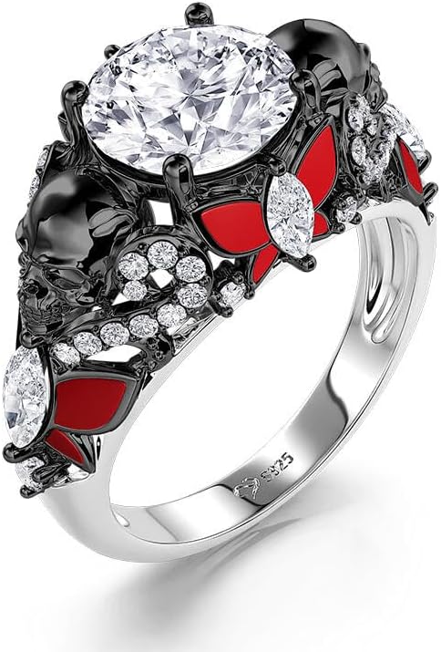 Jeulia 3.5ct Skull Engagement Ring Sterling Silver Round Cut White Diamond Rings Vintage Black Skull Wedding Ring CZ Romantic Jewelry for Women Bridal with Gift Box