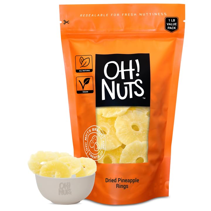 Oh! Nuts Dried Pineapple - 1 lb - Dried Fruit Rings - Organic Sweet - Dehydrated Fruit Bites - Packed in New York Zip-Seal Bag for Exceptional Freshness
