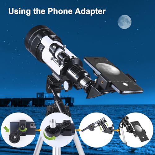 Misilmp Teleskop für Kinder & Anfänger, 70mm Aperture 300mm Refraktor Teleskope Einsteiger, mit Ausziehbarem Stativ, Okulare, Sucherfernrohr, Mondfilter Astronomie Erwachsene Telescope (Weiß)