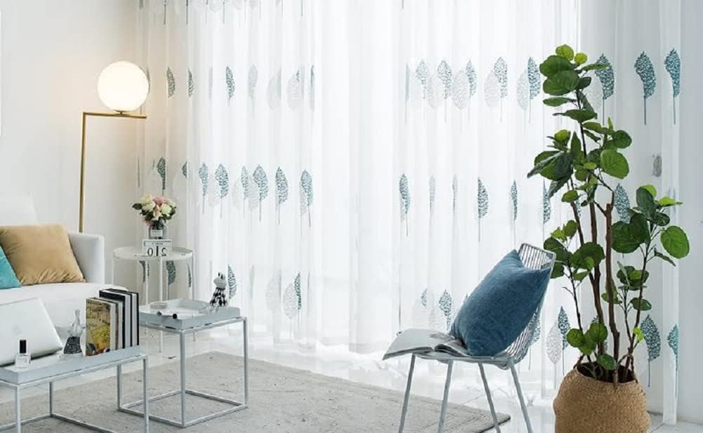 HooHero European Style Two-Color Leaves Pattern Embroidered Sheer Curtains Basic Rod Pocket Top for Living Room Bedroom Balcony(1 Panel, W 50 x L 102 inch, Blue)