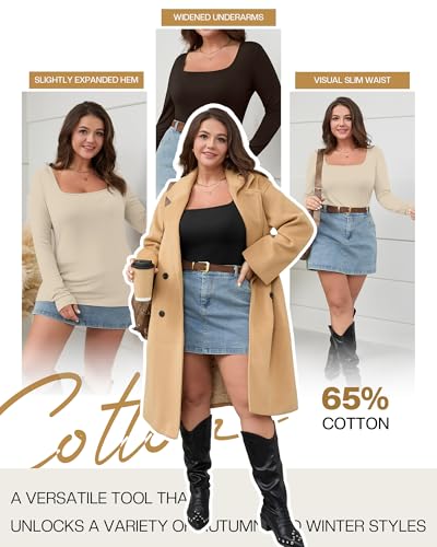 3 Pack Women's Plus Size Tops Square Neck Cotton Long Sleeve Shirts Slim Fit Casual Stretchy Fall Basic Tee3