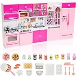 Miunana 83 PCS Doll Kitchen Playset for Girls Kitchen Furniture Toy Accessories with Realistic Lights & Sounds Mini Food Drinks Dishes Dollhouse Playset for 11.5 Inch Girl Dolls