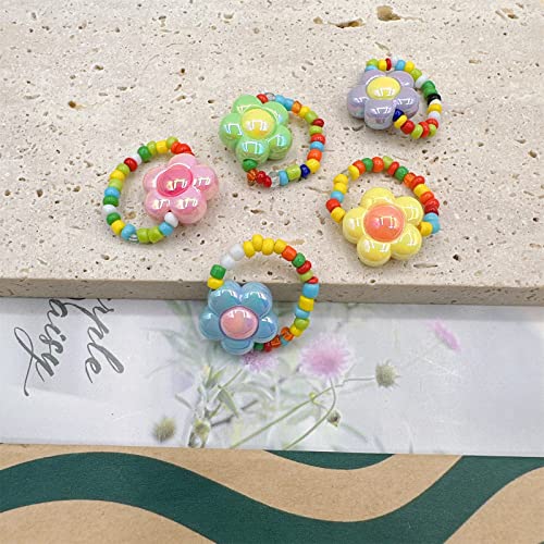 Anel Elástico De Flor Bonito Anel De Contas Colorido Ajustável Feito À Mão Anel De Miçangas Boêmio P