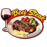 GLOBLELAND Rindfleischsteak Wein Vintage Metall Blechschild Leckeres Essen Plakette Poster Metallwand Dekorative Blechschilder Für Steakhäuser Restaurants Weinbars Buffets Esslokale