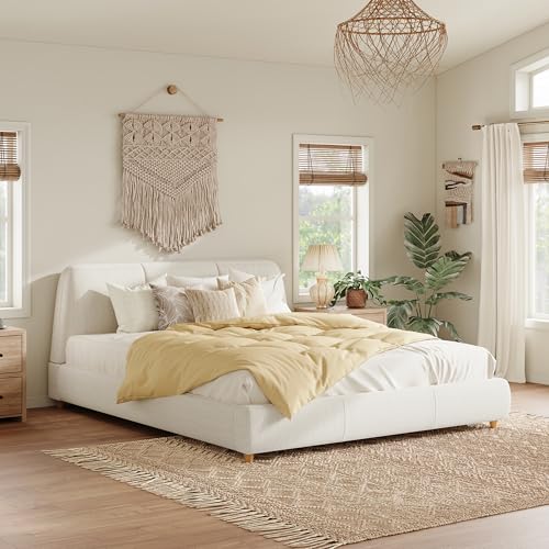 SmartEdge Queen Cloud Bed Frame with Soft Linen Thick Headboard, Modern Upholstered Platform Bed Frame, Queen Size Soft Marshmallow Bed Frame with Solid Wood Legs, No Box Spring Needed, White