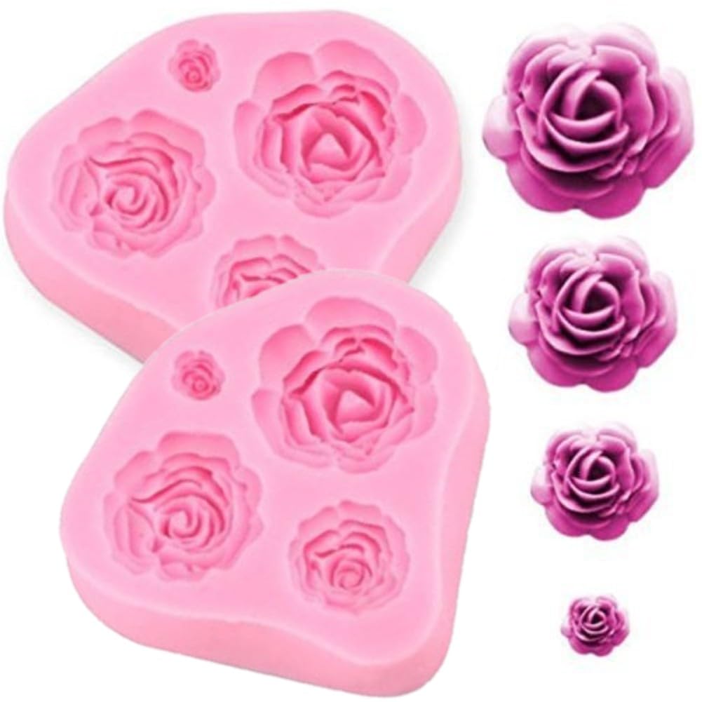 SUNKOOL Roses Mold Flower Silicone Cake Molds Chocolate Sugarcraft Decorating Fondant Fimo Tools 4 Size Pink 2 Piece