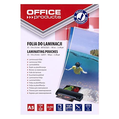 OFFICE PRODUCTS 20325215-90 Laminierfolie A5, 2 x 80 micron, glänzend, 100 Stück, transparent