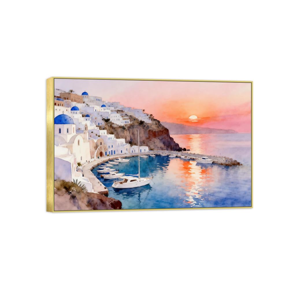 OZPWBVY Meer Leinwandbild-Town Haus Sonnenuntergang-Küsten Landschaftsbilder für Wohnzimmer Schlafzimmer Fertig zum Aufhängen 80x120cm Goldener Rahmen