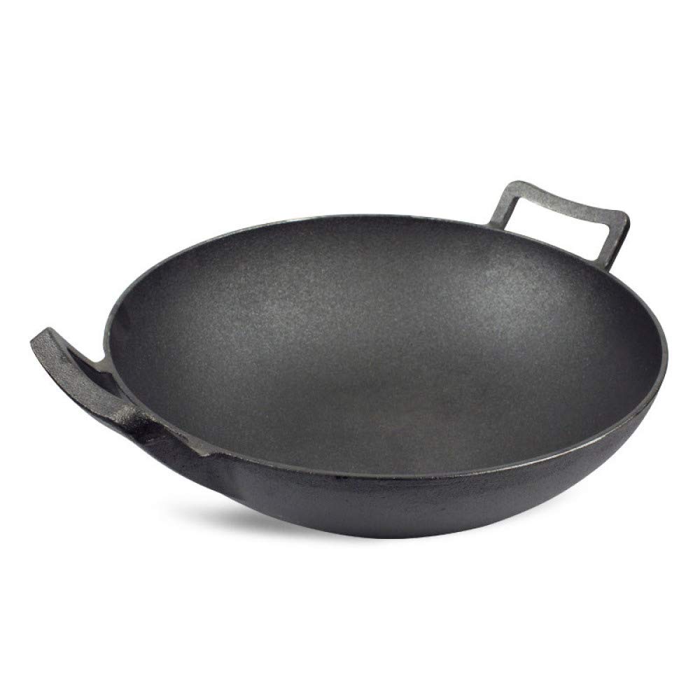 ZXFDMSWJ Padella Wok In Ghisa Wok A Doppia Orecchie Vecchia Pentola In Ferro Wok Manuale Wok Fondo Rotondo Fornello A Induzione,36cm