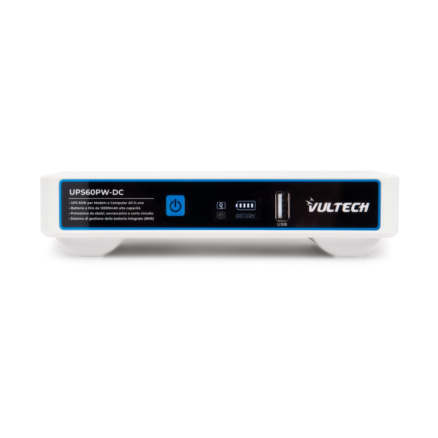 VulTech UPS60PW-DC Bianco Mini UPS 12000mAh 60Watt Gruppo di Continuità per Router, Modem, Access Point, Telecamera, Smartphone - Input 100-240 VAC, USB 5V DC 12V