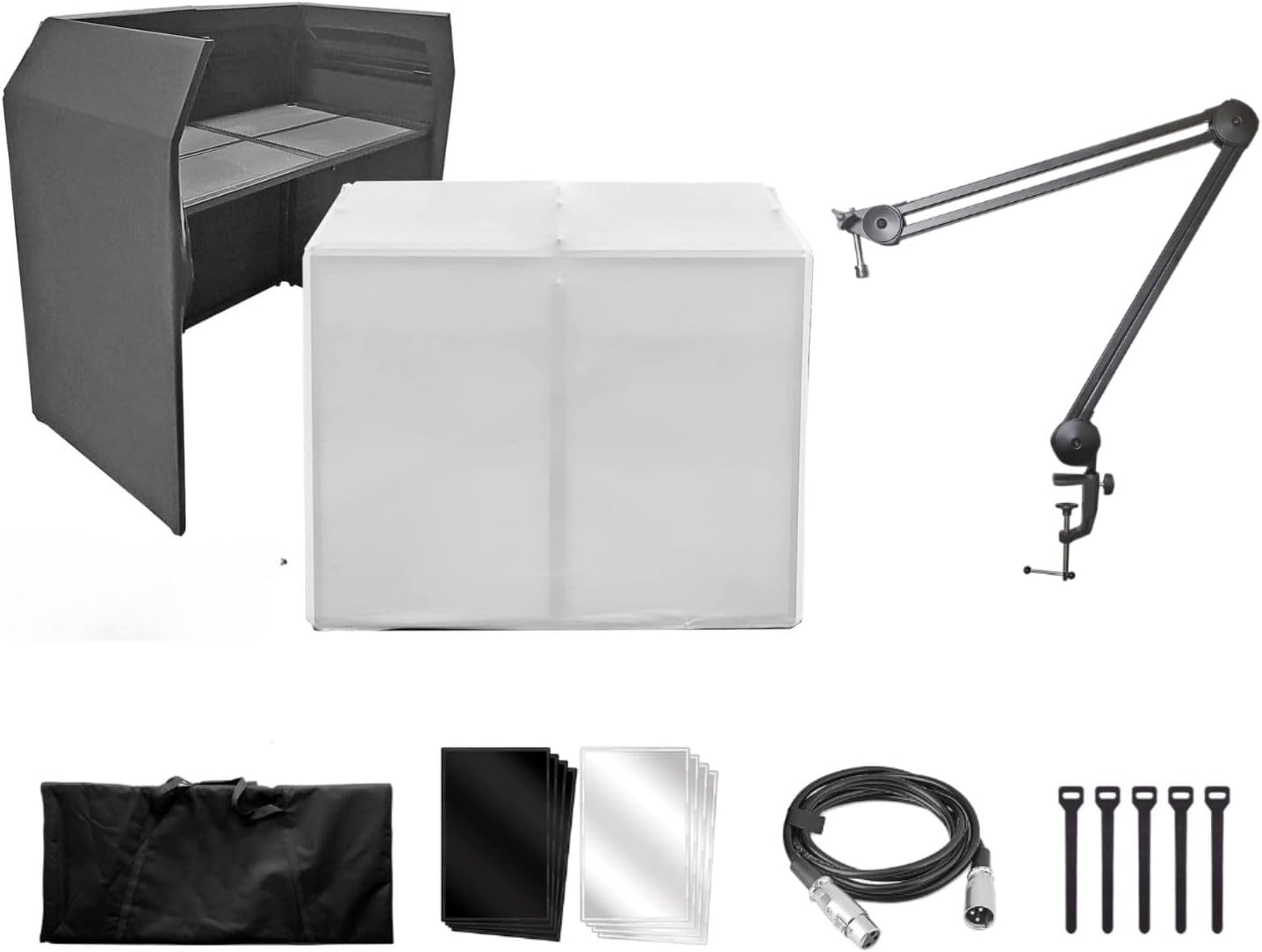 AxcessAbles Portable DJ Facade Booth Table XL with Black and White Scrims, Carry Cases | AxcessAbles Large Heavy Duty Desk Mounted Microphone Boom Stand with 3.3ft Extension and 6ft XLR Cable
