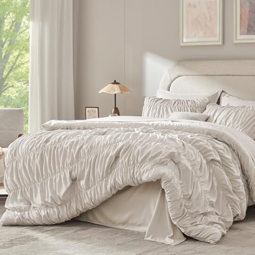 Image of Andency Ruched Oversized Queen Comforter Set Linen, 7 Pieces Ruffle Bed in a Bag, Shabby Chic Pleat Bedding Set with Comforter, Sheets, Pillowcase & Sham, Lightweight, Soft, All Season