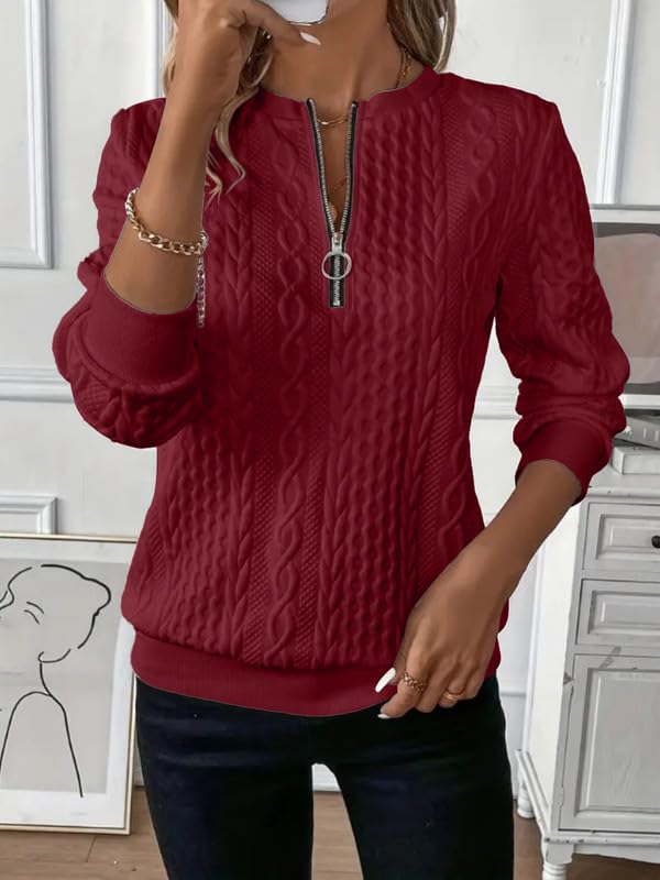 Sweatshirts Femme Demi-Fermeture Éclair Sweat sans Capuche Casual T-Shirts Manches Longues Chic Texture Torsadée Haut Décontracté Élégant Automne Pull pour Tous Les Jours Sportwear