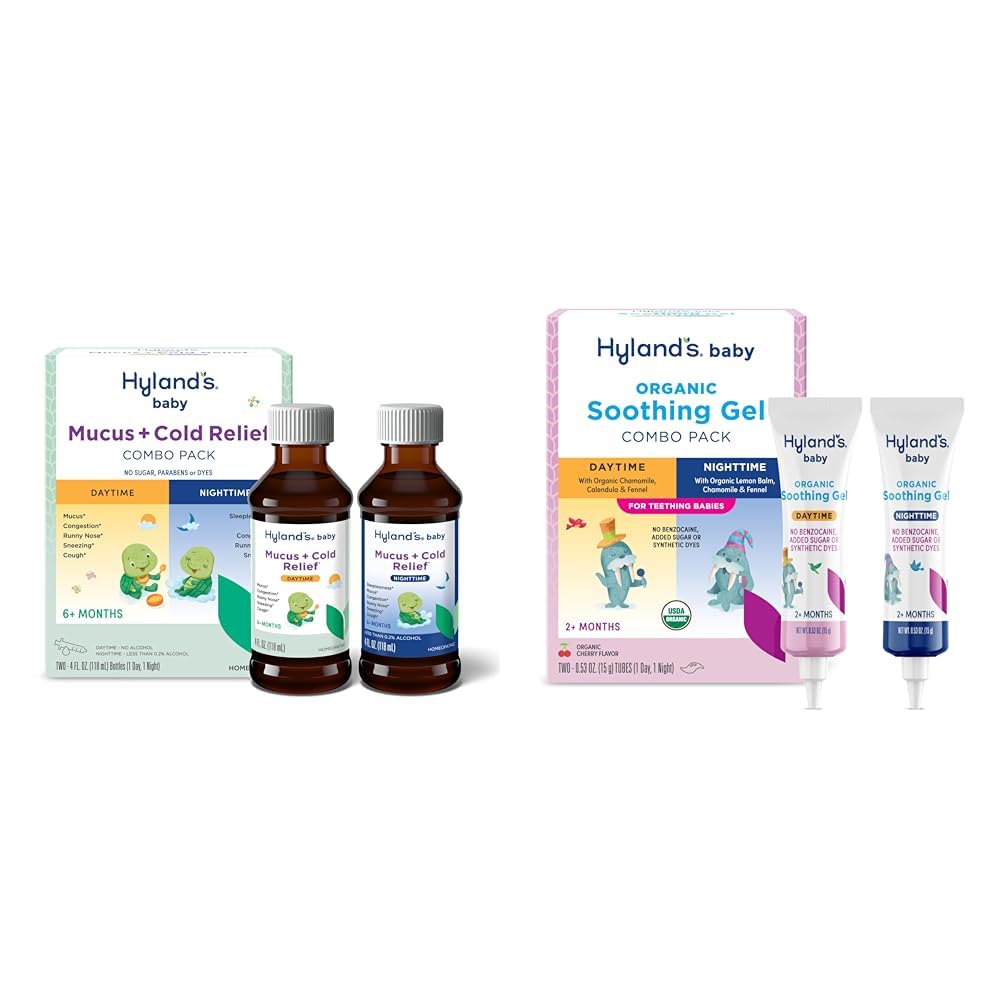 Hyland's Baby Mucus and Cold Relief, Day and Night Value Pack, Baby Cold Medicine, 8 Fl Oz + Organic Day and Night Soothing Gel Combo Pack for Oral Discomfort, Ages 2 Months and Up, 1.06 Ounce