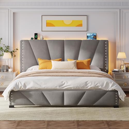 EnHomee King Size Bed Frame with Velvet Headboard and LED Lights, Storage Headboard Platform Bed with Charging Station, Sturdy Wooden Slats Support,Noise-Free,Easy Assembly, Dark Gray