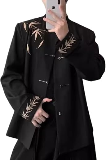 Men National Customs Solid Suit Jacket 3 Buttons Stand Collar Chinese Coat Urban Style Elegant Long Sleeve Print Coat