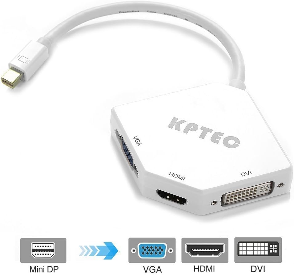KPTEC Ultimate 3-in-1 Mini DP (Thunderbolt) to 4K UHD HDMI, DVI, VGA Adapter, Compact 1080p Mini Display (mDP) Converter for MacBook Air, MacBook Pro,iMac Mini, Surface Pro Series, White 2 Pack
