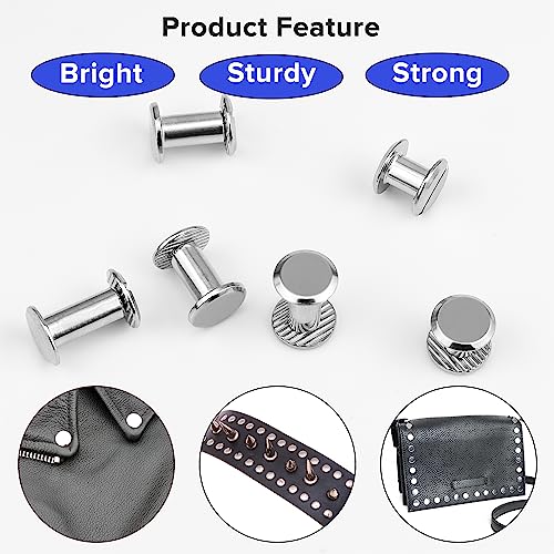Seloky 75 Sets Silvery Chicago Screws Assorted Kit 1/4 3/8 1/2 Inches Screw Posts Metal Accessories Nail Rivet Chicago Button for DIY Leather Decoration Bookbinding Round Flat Head Stud Screw