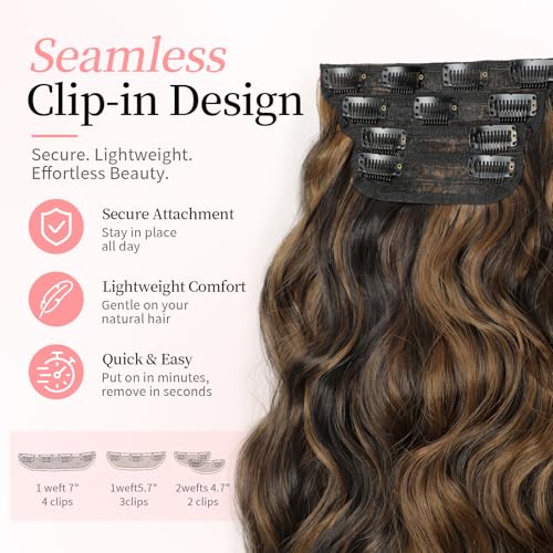 Image of KooKaStyle Wavy Clip in Hair Extensions 20 inch Balayage Dark Brown to Chestnut | 4 Pieces Clip in Extensions,Fiber Double Weft Hairpieces,Natural Volume,Beach Wave Long Synthetic Hairpieces for Women