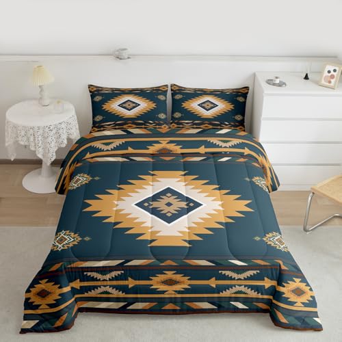 Feelyou Southwestern Native Aztec Comforter Set Twin Size Kids Indian Tribal Geometric Comforter for Boys Teens Retro Exotic Boho Bedding Set Breathable Blue Yellow Duvet Set Room Decor Quilt Set