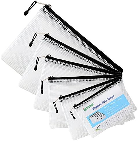 Ipow Mesh Zip Wallets File Zip Bags, Reinforced Zipper with Threads Mesh Zipper Pouch for School Office Supplies, Document, Office Stationary, Cosmetics, Travel Accessories (6 Pieces, 6 Sizes)