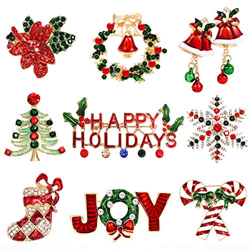 Nvenf 9Pcs Christmas Brooches For Women Girls Holiday Wreath Boot Snowflake Pins Chrismtas Tree Candy Cane Bell Brooch Pins Festive Gifts (Style A) #TOP11