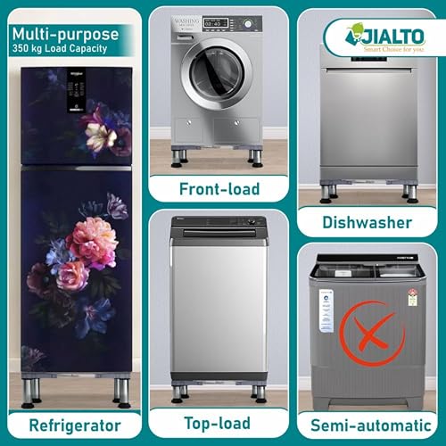 Image of JIALTO Universal Washing Machine Stand 5-12Kg| Washing Machine Trolley | Refrigerator Stand for Fridge | Spirit Level | Anti-Vibration Legs | Rubber Pads Load Capacity 350Kg (Double SS Pipe /Grey)