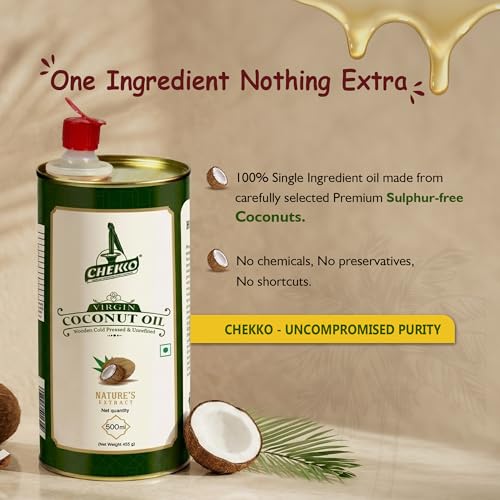 Image of Chekko Cold Pressed Virgin Coconut Oil 500ml | 100% Pure Natural Wood Pressed | Unrefined Virgin Edible Coconut Oil for Cooking, Baking, Massage, Hair & Skin Care | Premium Food-Grade Metal Tin Pack
