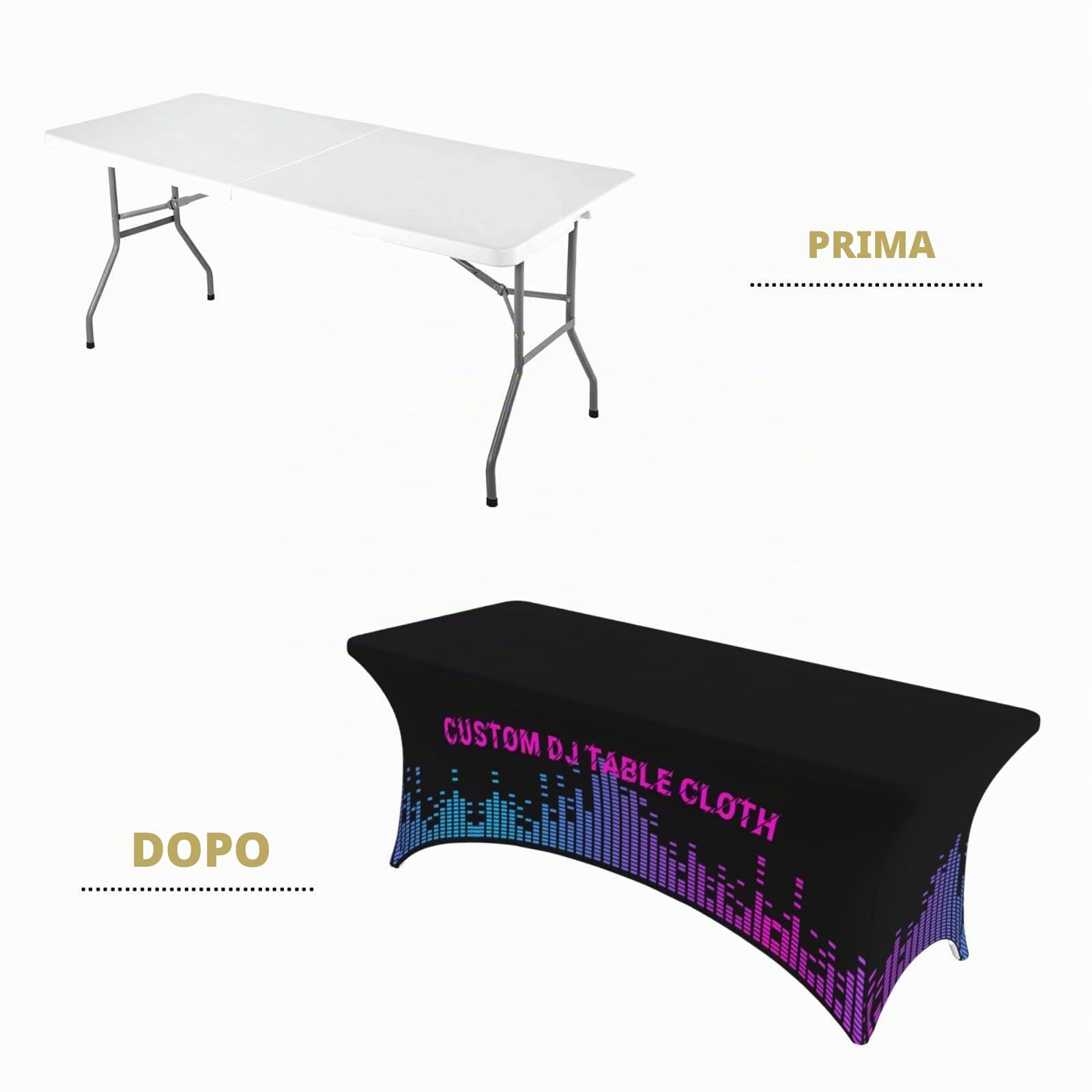 Tovaglia da DJ personalizzata con logo aziendale, tovaglia personalizzata in poliestere spandex elasticizzato per tavoli da 1,2 m/1,8 m, tovaglia personalizzata per feste, matrimoni, fiere, eventi