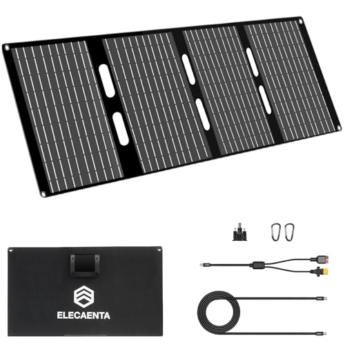 Image of ELECAENTA 60W Portable Solar Panel for Power Station, USB C & USB A and DC 18V Output, IP68 Waterproof, Foldable ETFE Solar Charger, Compatible with iPhone Samsung Camping Hiking Outdoor