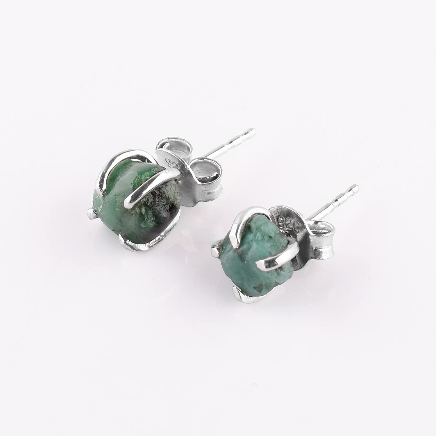 QNAVICQNAVIC AA Raw Green Emerald Rough Crystal Stone Stud Earrings for Women, Birthstone Handmade Wedding Jewelry Gift for Brides, 925 Sterling Silver Stud Earrings, Birthday Gift
