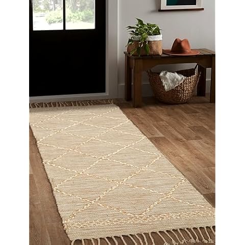 Hausattire Jute Boho Runner Rug 2'x6' - Natural Beige, Non Slip Long Geometric Trellis Rustic Rugs for Hallway, Kitchen, Entry Way | Farmhouse Neutral Carpet for High Traffic Area - 24x72 Inch Cover