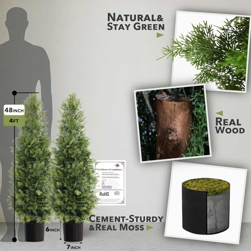Image of Aveyas 4ft Artificial Cedar Topiary Trees for Outdoor Front Porch Door, 4 Feet Faux Potted Plants Evergreen Fake Pine Cypress Tree for Outside Home Decor (4 ft Tall) - Set of 2 Pack