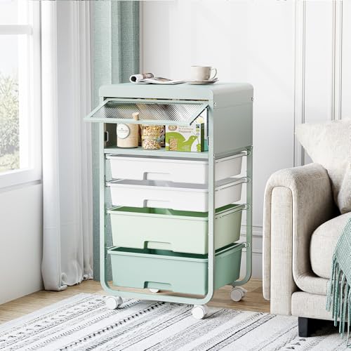 Image of SYKIARIOL 4 Drawers Rolling Storage Drawer Craft Organizers Bookshelf Cart with Dust-Proof Door for Kids Playroom,Bedroom,Home Office, Green
