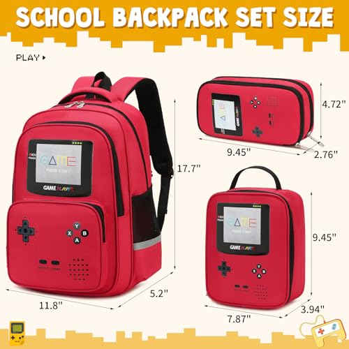Backpack for Boys Backpack for Kids Students School Bookbag For Elementary Middle School Bag Ages 6-18 17″ Video Game Bookbag (Red-set)2