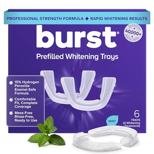 BURST Prefilled Teeth Whitening Trays (6 Trays/3 Treatments) |15% Hydrogen Peroxide for Professional-Level Results | Flexible 360 Teeth Whitening Gel Trays | Aloe Coconut & Xylitol Blend Teeth Trays
