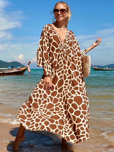 Image of IMAGEKOPE Women's Plus Size Animal Print V-Neck Batwing Kaftan Beach Dress Bathing Suit Cover-Up Loungewear