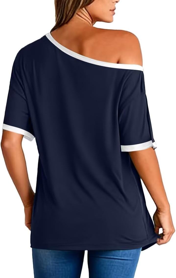 LEEDYA Women Casual One Shoulder Tops Summer Sexy Off the Shoulder Shirts Classy Loose Short Sleeve Tees Blouses Tunic Tshirt - Image 3