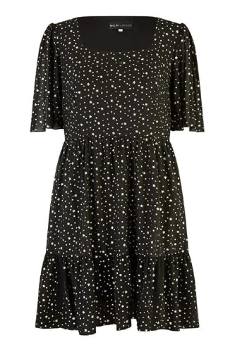 Image of Mela Black Star Print Dress, Square Neckline, Flutter Sleeves, 88cm Length (UK, Numeric, 8, Regular, Regular, Black)