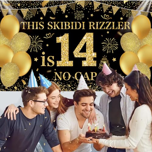 Image of Black Gold This Skibidi Rizzler is 14 No Cap Happy Birthday Backdrop Banner Photography Background Decorations for Boys Girls 14th Year Bday Party Accessories Supplies 72.8 * 43.3in