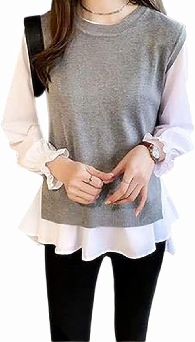 Amazon ブラウス 重ね着風 2点セット バルーン袖 レディース M 4xlトップス 長袖 ニットベスト 通勤 カジュアル シャツ ブラウス 通販