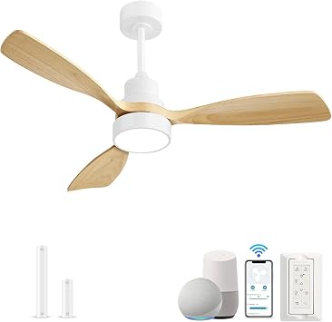 Sofucor 48 Inch Smart Ceiling Fan, Small Indoor/Outdoor Ceiling Fans with Lights and Remote, Work with Alexa/Google, Quiet DC Motor, 6 Speed, Solid Wood Ceiling Fans for Bedroom Living Room Patio