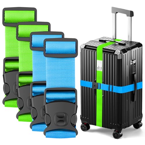 Image of BILIONE Luggage Straps Adjustable Suitcase Belt, Lockable Against Accidental Opening, Easy to Identify Travel Accessories, Add a Bag Connector Holds Suitcase (Vibrant Blue + Green, 4 Pack)